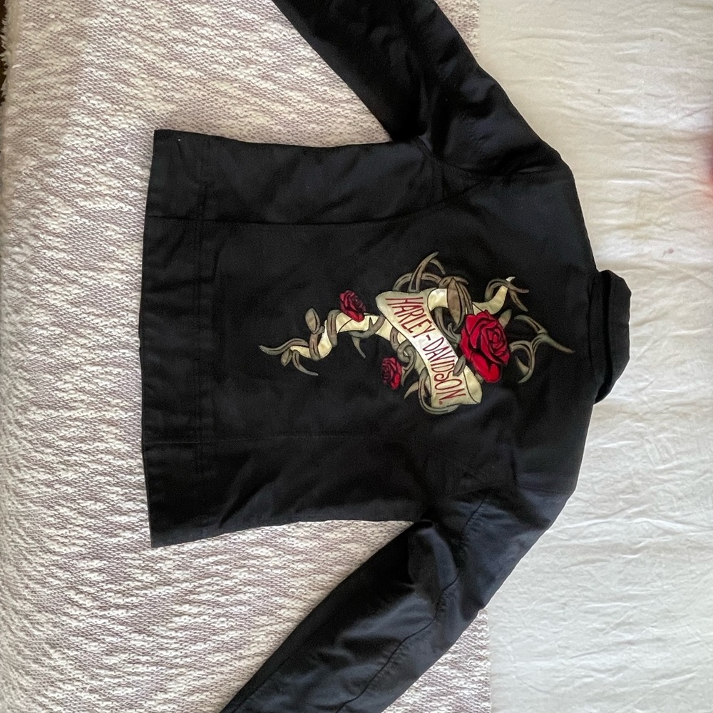 Harley-Davidson Women's Black Leather Jacket with Red Rose Design